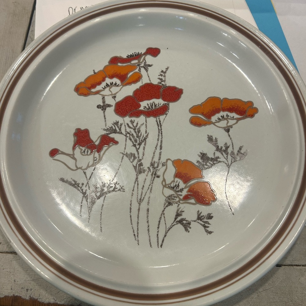 Floral Ceramic Plate with Orange and Red Poppies